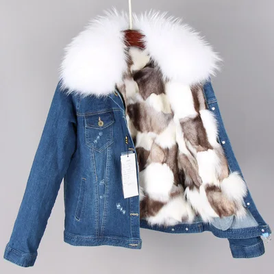 

Aoottii 2022 Winter Jacket Women Real Fur Short Coat Parka Real Raccoon Collar Fox Fur Liner Hole Bomber Denim Jacket Streetwear