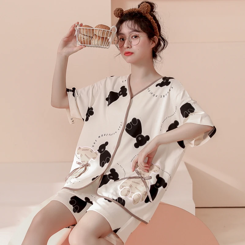 

Summer New Pajamas Women's Short-Sleeved Kimono Collar Cardigan6535Combed Cotton Strip Homewear Suit Can Be Worn outsideM