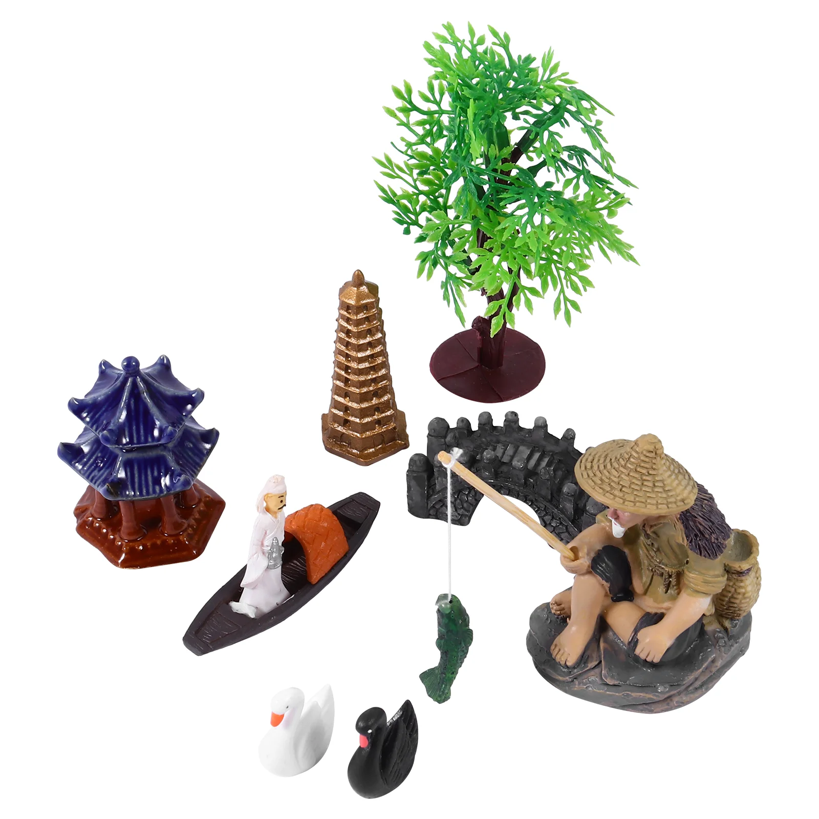 

Fisherman Decor Statue Aquarium Ornament Garden Miniature Zen Pagoda Fish Resin Underwater Tank Home Bonsai Landscape Micro