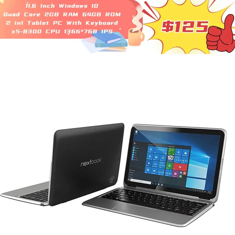 Nextbook-tableta PC con Firmware Global, Windows 10, pantalla LCD Quad Core, 2 GB de RAM, 64 GB de ROM, 2 en 1, x5-8300 de 11,6 pulgadas, CPU Pad con teclado