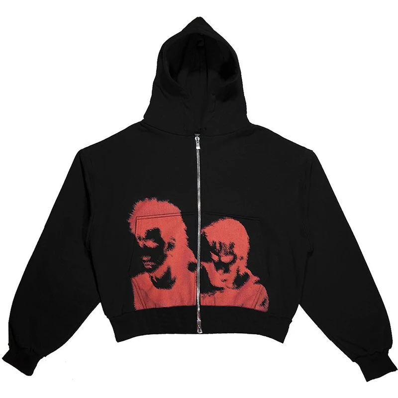 Men Goth Black Print Zip Hoodie Skeleton graphics Long Sleeve Sweatshirt Oversized Top Y2K clothes Hoodie Fashion Hoodie Sweater