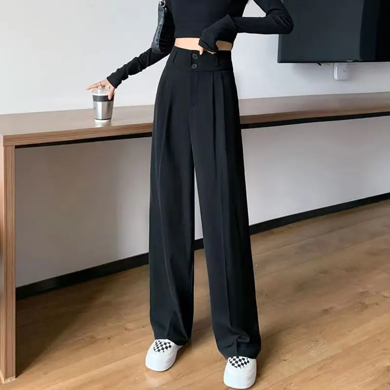 Black suit pants Women's spring and summer new Korean casual straight tube drape loose wide leg pants High waist slim pants
