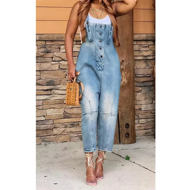 Комбинезон 2024 цельный женский джинсовый комбинезон на подтяжках Длинные прямые