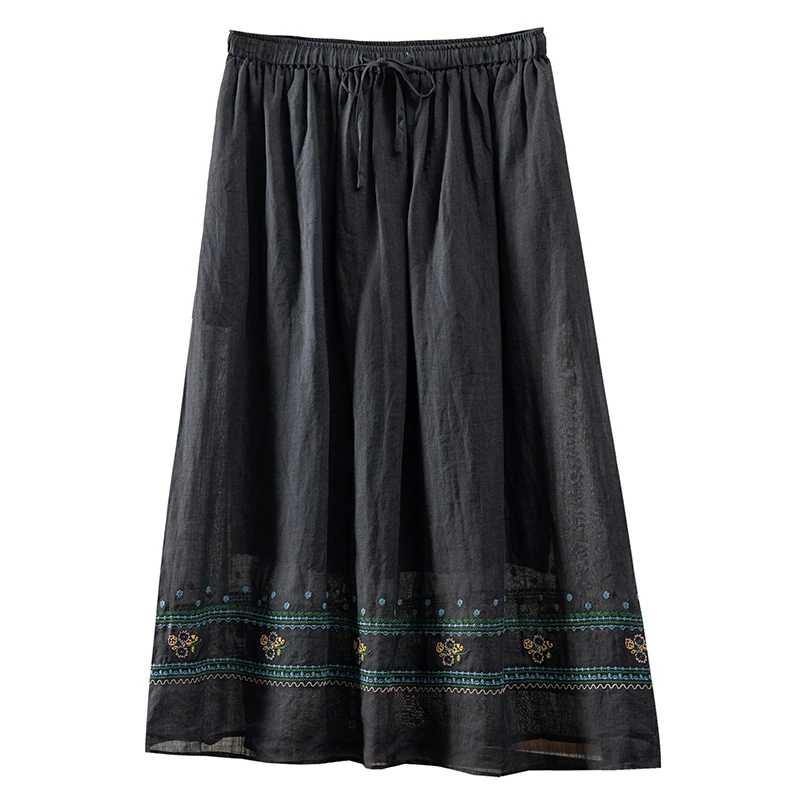 

100% Linen High Quality Faldas Mujer Moda 2023 Indie Folk Embroidery Ankle-Length Empire Long Skirts Women LOOSE