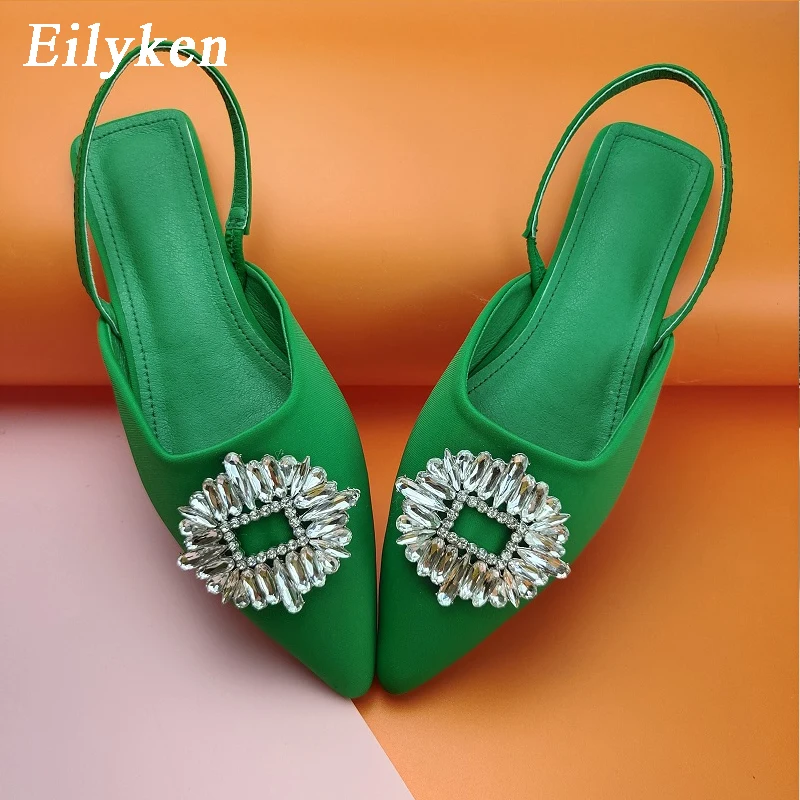 

Eilyken Summer Woman Pumps Crystal Square Buckle Flat Heels Ladies Pointed Toe Shallow Slip On Shoes Slides Women Casual Mules