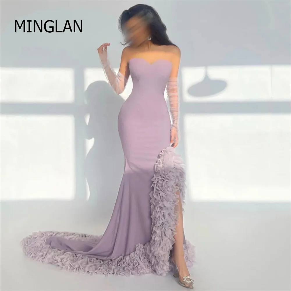 

MINGLAN Elegant Sweetheart Three Quarter Long Mermaid Prom Dress High Side Slit Floor Length Sweep Train Formal Evening Gowns