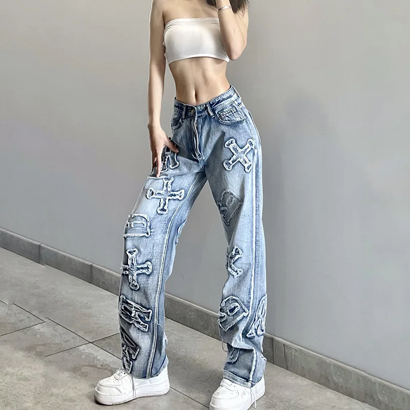 

High Waist Letter Patch Jeans cargo Women's Boyfriend Straight Leg Pencil Denim Pants Grunge Clothes Trousers Y2K Streetwear