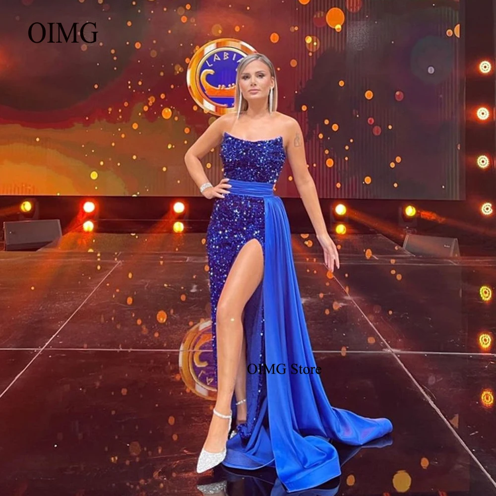 

Sparkly Royal Blue Mermaid Evening Dresses With Detachable Train Strapless Side Slit Modern Formal Prom Gowns Party Dress