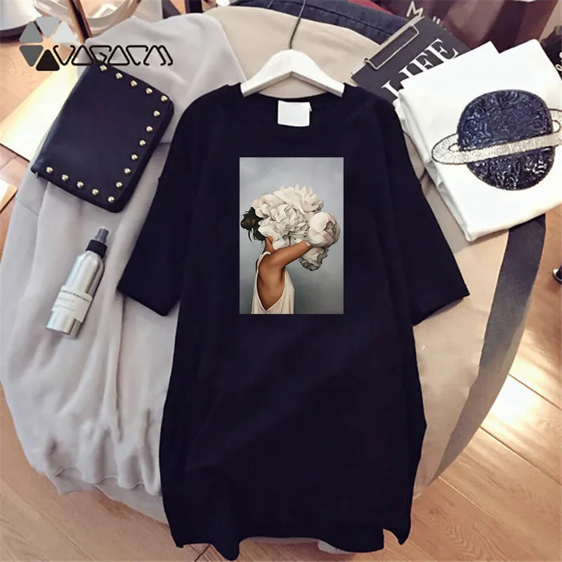 

Simple Dress for Women Flowers Art Print Short Sleeve Elegant Beach Dress Robe Femme Black White Solid Casual Dresses Clothing