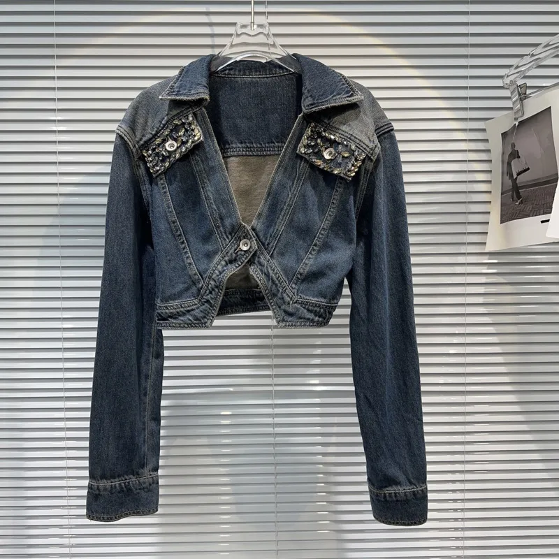 

PREPOMP 2023 Autumn New Collection Long Sleeve Rhinestone Embroidered Beadings One Button V Neck Vintage Blue Denim Jacket GL517