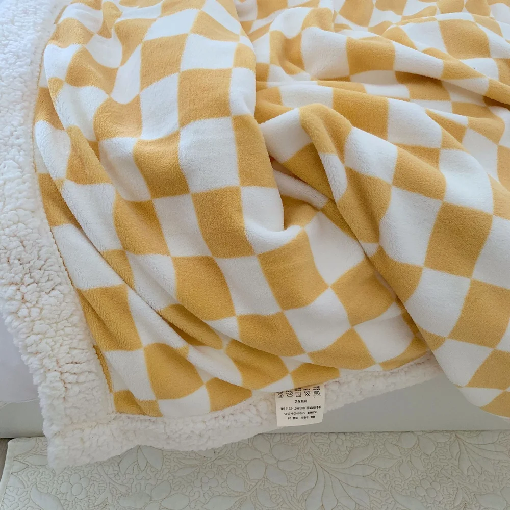 Yellow Checkerboard Blanket Plaid Milk Lamb Wool Single Quilt Double-layer Thickened Autumn Winter Warm Soft Beddings | Дом и сад