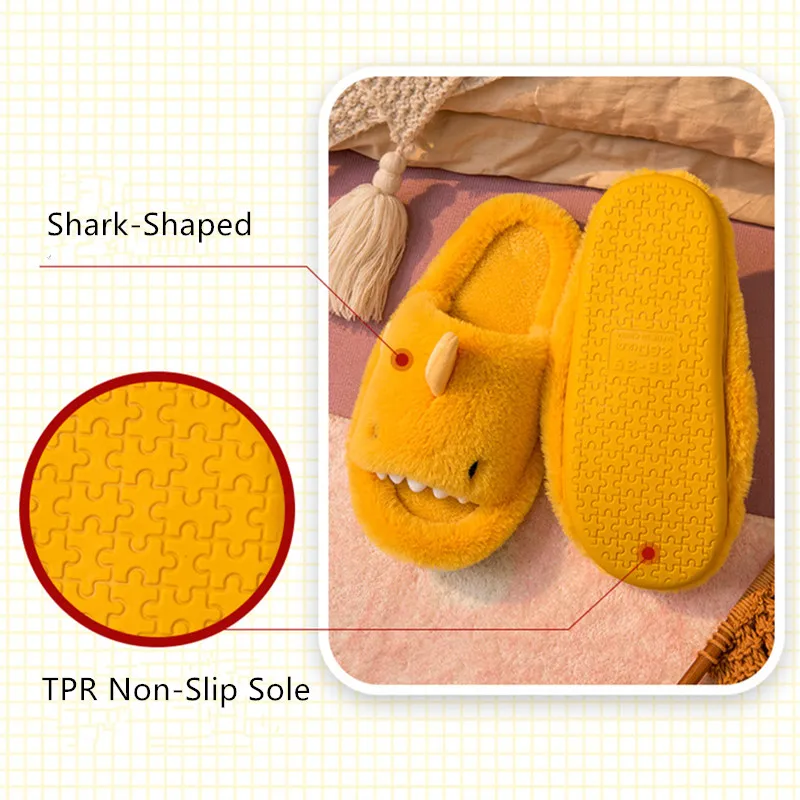 Funny Cartoon Shark Cotton Slippers Men Women Soft Bottom Home Cotton Shoes Winter Plush Warm Open Toe Indoor Shoes Slippers