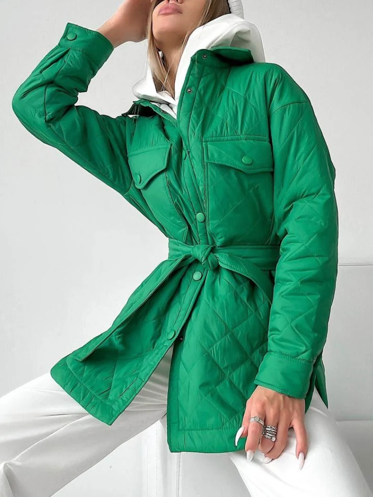 Woman Winter 2022 New Loose with Belt Long Thick Parkas Woman Women's Winter Coats Keep Warm Green Casual Long Cotton Coats