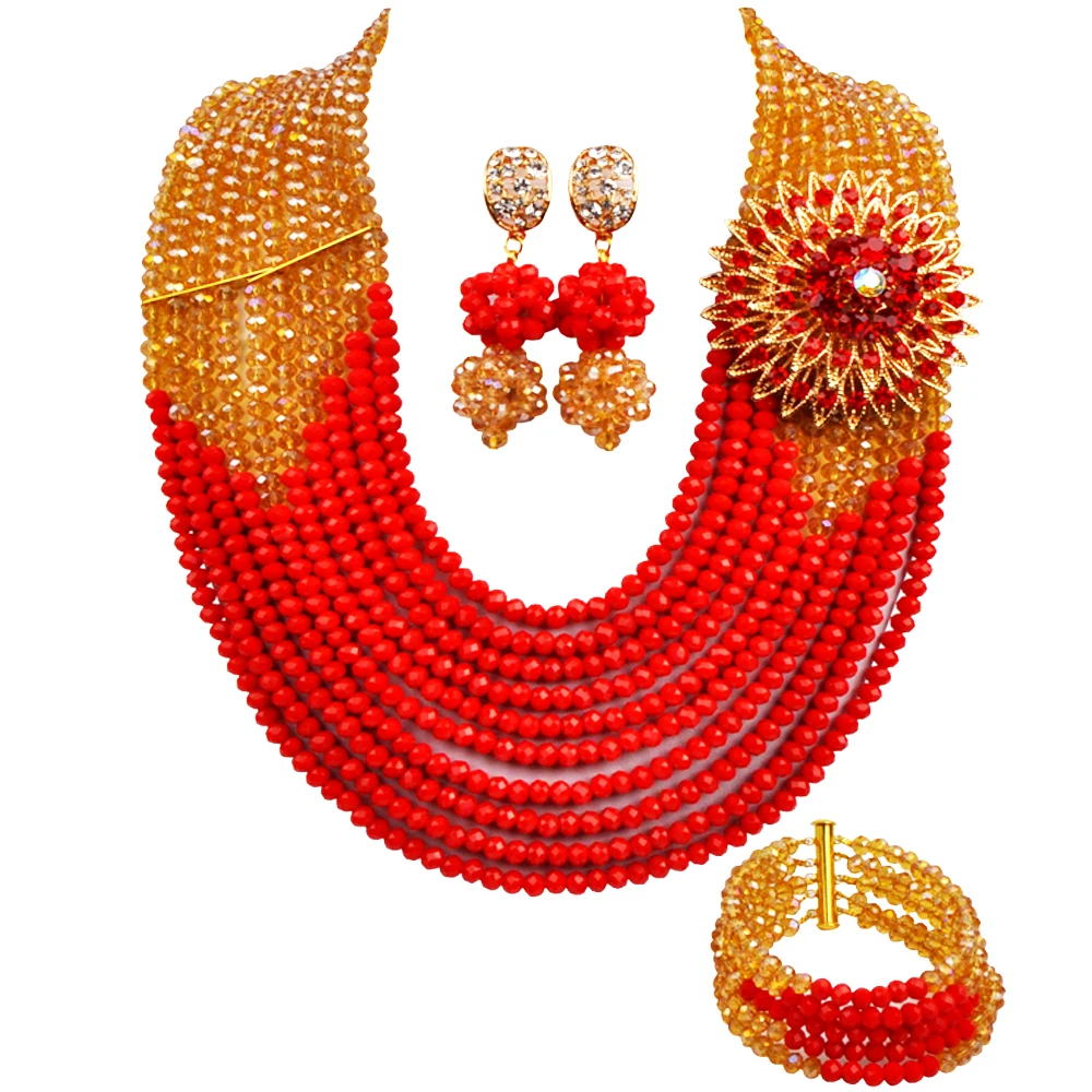 

Champagne Gold AB and Red Costume Necklace African Jewelry Set Crystal