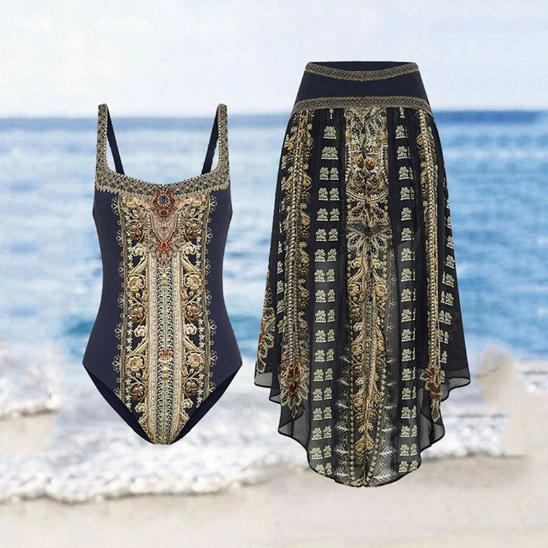 Women One Piece Swimsuit Swimwear Cover Up Retro Holiday Beach Dress Leopard Print Skirt Summer Surf Wear Bathing Suit