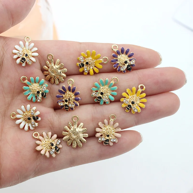 

10Pcs Zircon Bee Flowers Charms Enamel Daisy Alloy Pendants For DIY Jewelry Earring Necklace Bracelet Making Craft Material