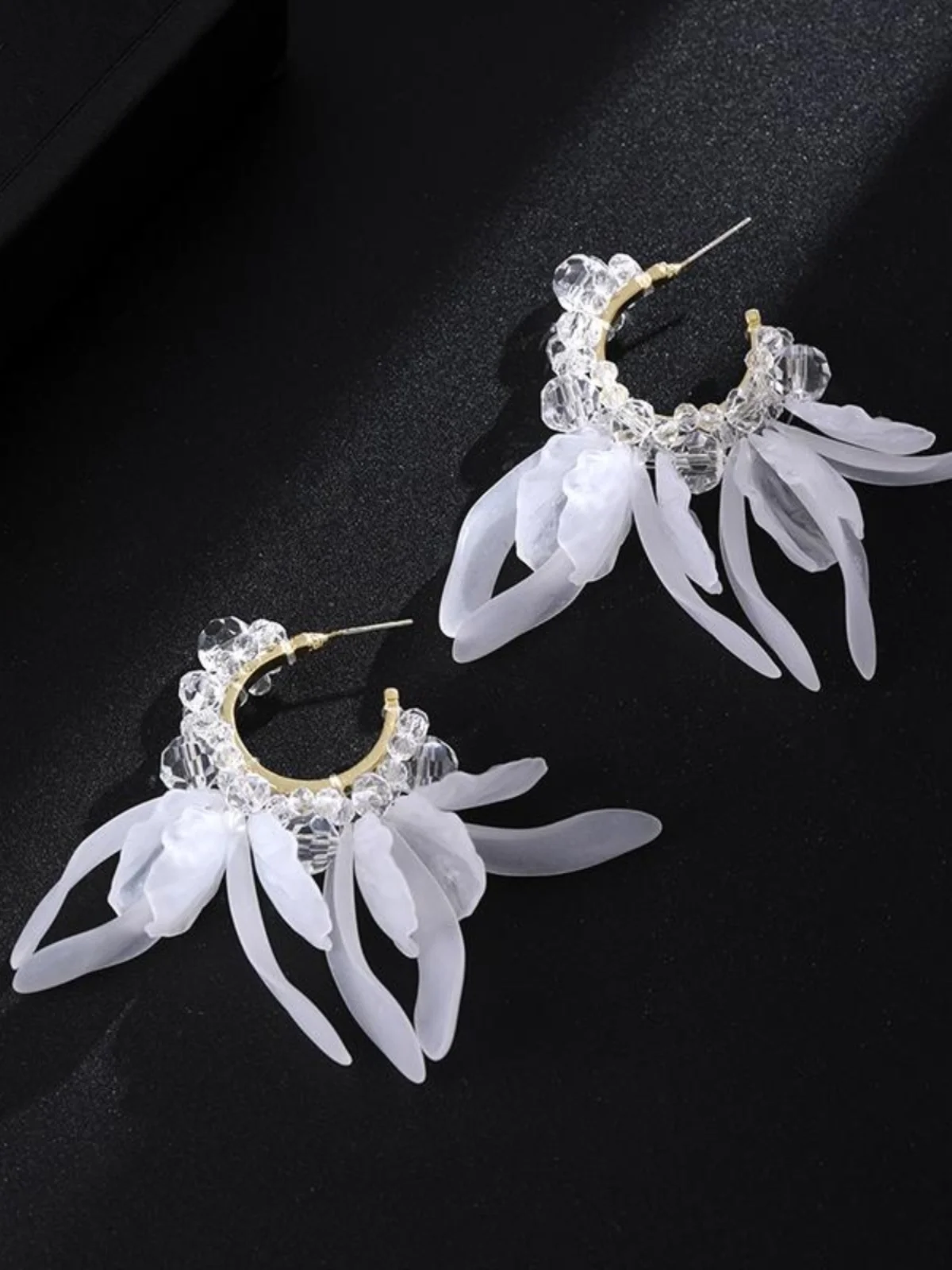 Immortal Cold Crystal Petal Tassel C- Shaped Earrings Light Luxury High-Grade Sense Design Temperament 925 Silver Needl...