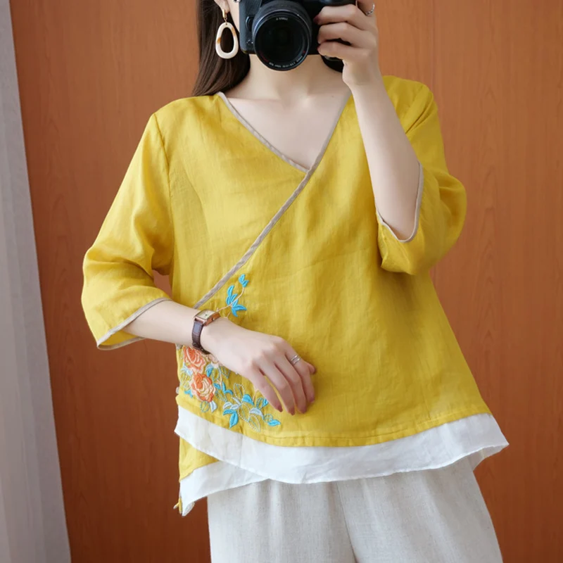 

Slanted Placket Top Retro Embroidered Summer Ethnic Style Loose Women Casual Traditional Blouse Irregular China Shirts Tang Suit