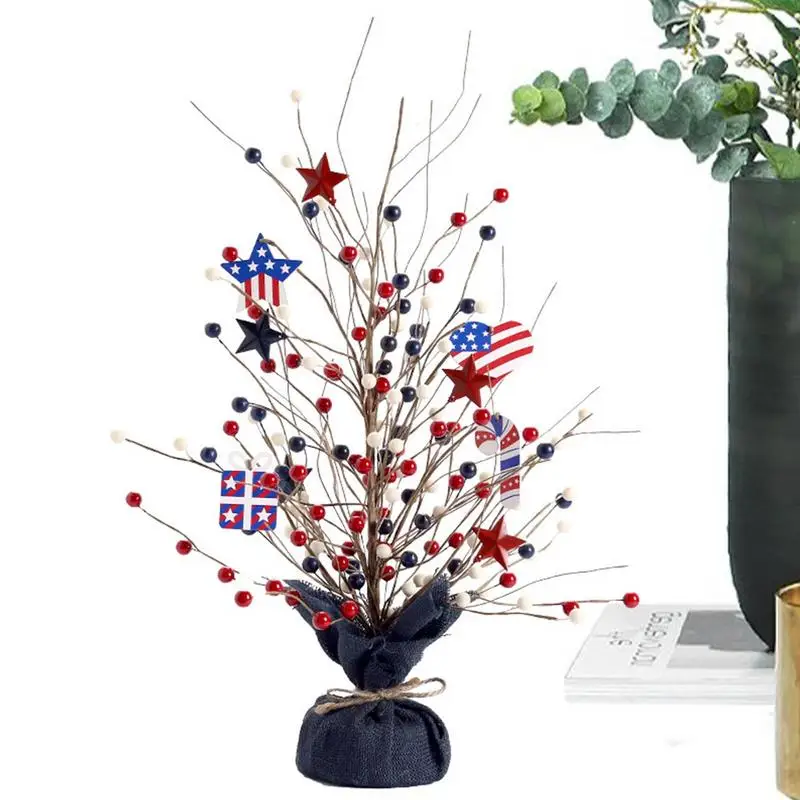 

4th Of July Artificial Tree Table Decorations Artificial Tree With Star And Red Berries For Independence Day Portable Memorial