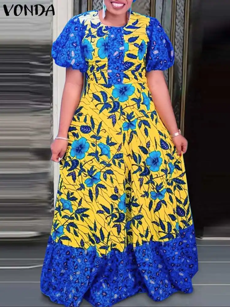 

Sexy Party Dress Women Vintage Printed Maxi Dress 2022 VONDA Summer Short Sleeve Long Vestidos Oversized Bohemian Robe Femme