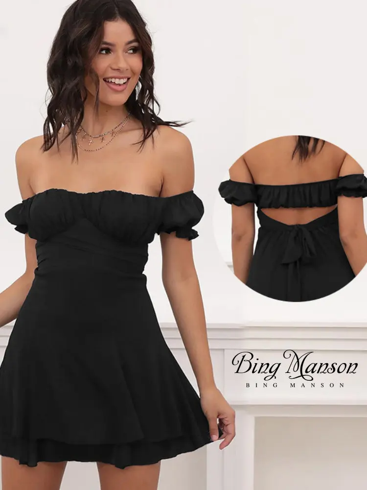 

2023 Fashion Summer Women's New Sexy One-piece Collar Short-sleeved Hollow Backless Strappy Dress Mini Dress