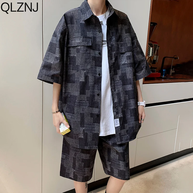 2023 Summer 2 Piece Sets Men Clothing Short Sleeve Oversized Shirts Shorts Korean Plaid Casual Hawaii Shirt Suit Y2k Streetwear