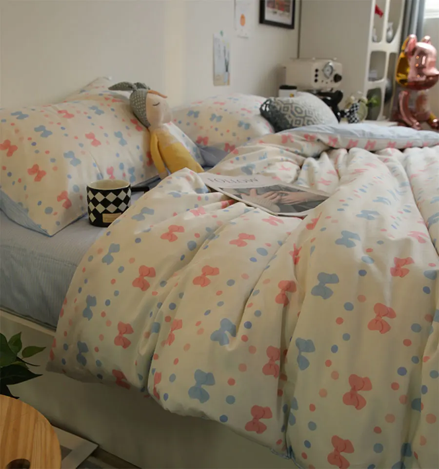 

Fashion kawaii blue pink bow bedding set girl,cute sweet cotton twin full queen home textile flat sheet pillow case duvet cover