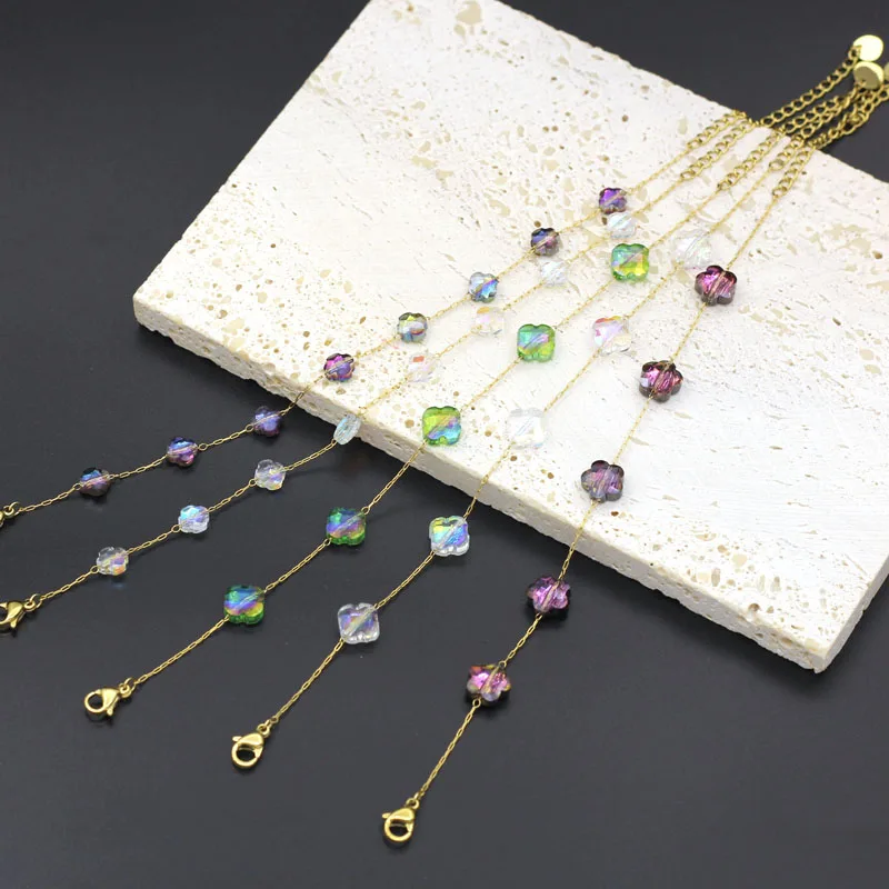

Lucky Glittering Color Crystal Clover Handmade Chain Bracelet For Women Stainless Steel Plated Genuine Gold Bangle Female