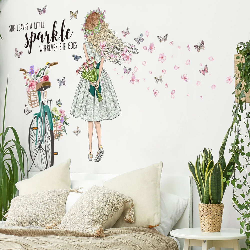 

DIY Fairy Girl Bicycle Wall Stickers Flower Butterflies Wall Decals Girl Vinyl Art For Girls Baby Nursery Bedroom Living Room