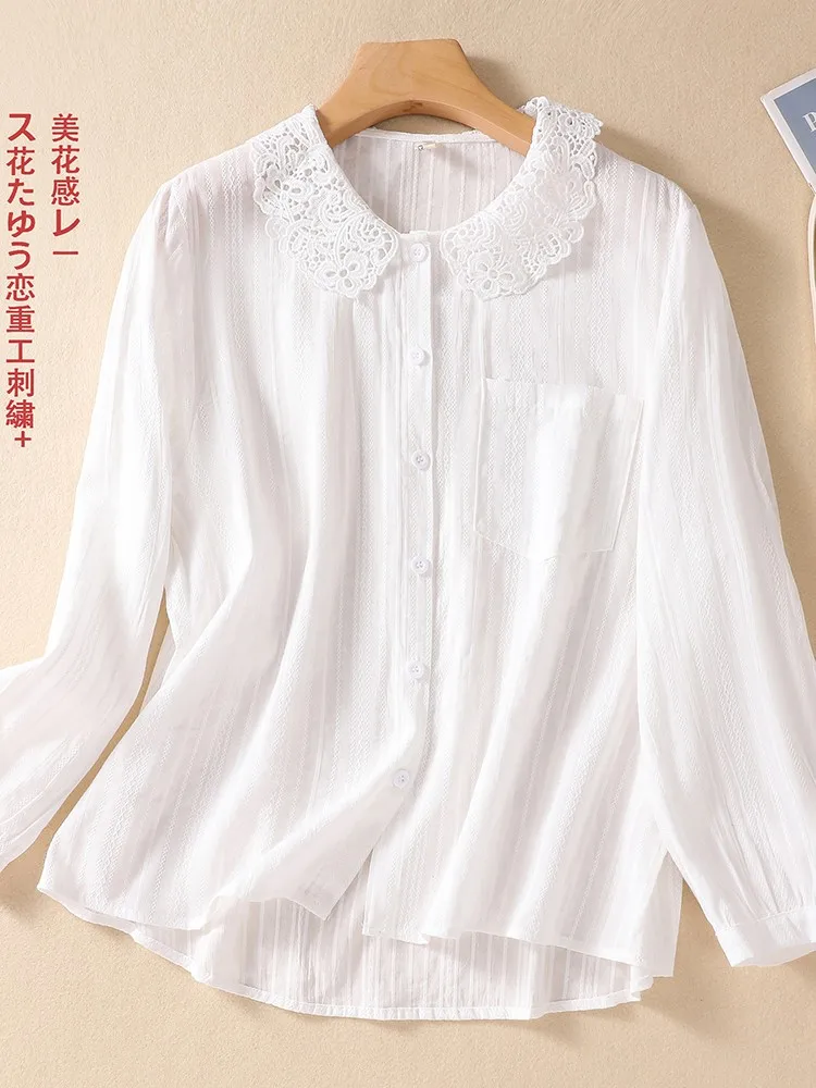 

100% Cotton Women Long Sleeve Casual Shirts New 2022 Autumn Vintage Style Peter Pan Collar All-match Feamle Tops Shirt B2101