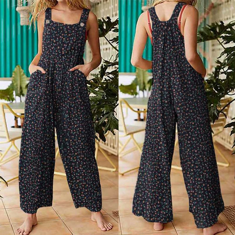 

New Loose Printing Side Pocket Strap Pants Casual Women's Clothing Mid Waist Overall Trousers Suspenders Jumpsuit Urban Leisure