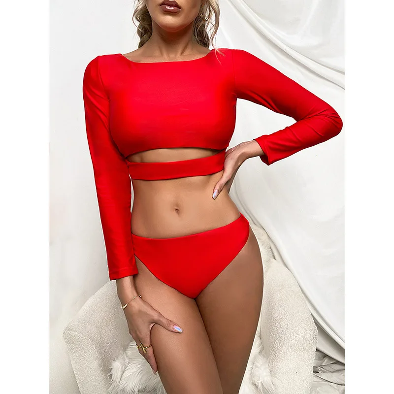 

2 Pieces Swimsuit Set for Women Solid Color Long Sleeves Bikinis Sets Women's Sexy Swimming Bikini 2022 Swimwear Bathing Suit