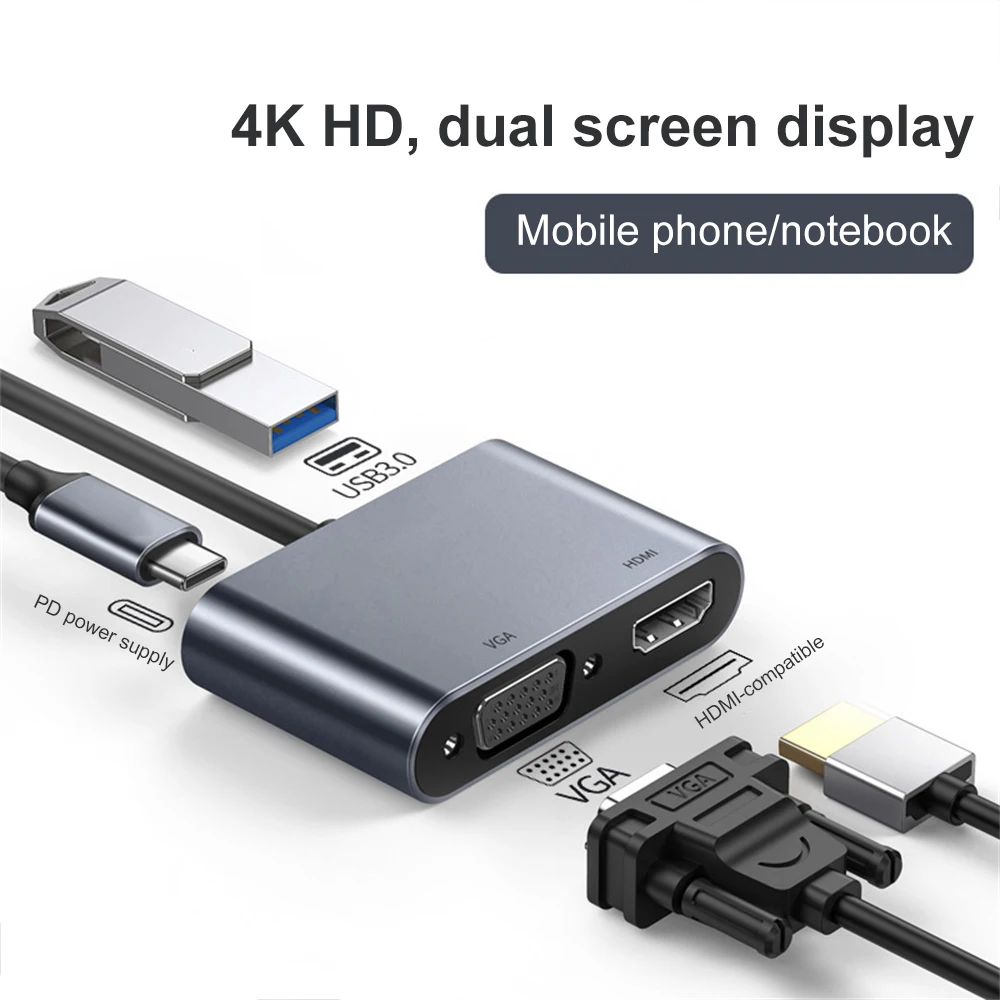 

NEW 4 In 1 Type-c Hub USB-C To 4K HDMI-compatible VGA PD Adapter USB Splitter Docking Station For Macbook Laptop Computer