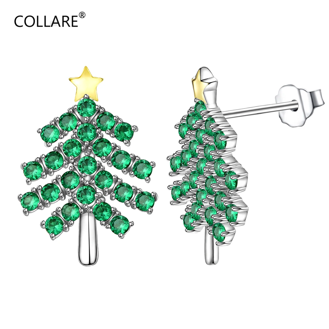 

ChainsPro Green Cubic Zirconia Two-tone Tree With Star Stud Earring, 925 Sterling Silver Jewelry Women Earring CP677
