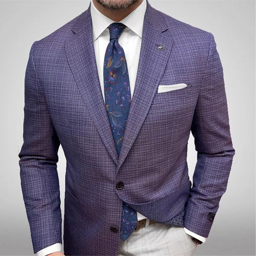 

Notched Lapel Slim Single-Breasted Plaid Men's Blazer Purple Business Casual Gentleman Coat Lattice Formal Male Fall Clothing