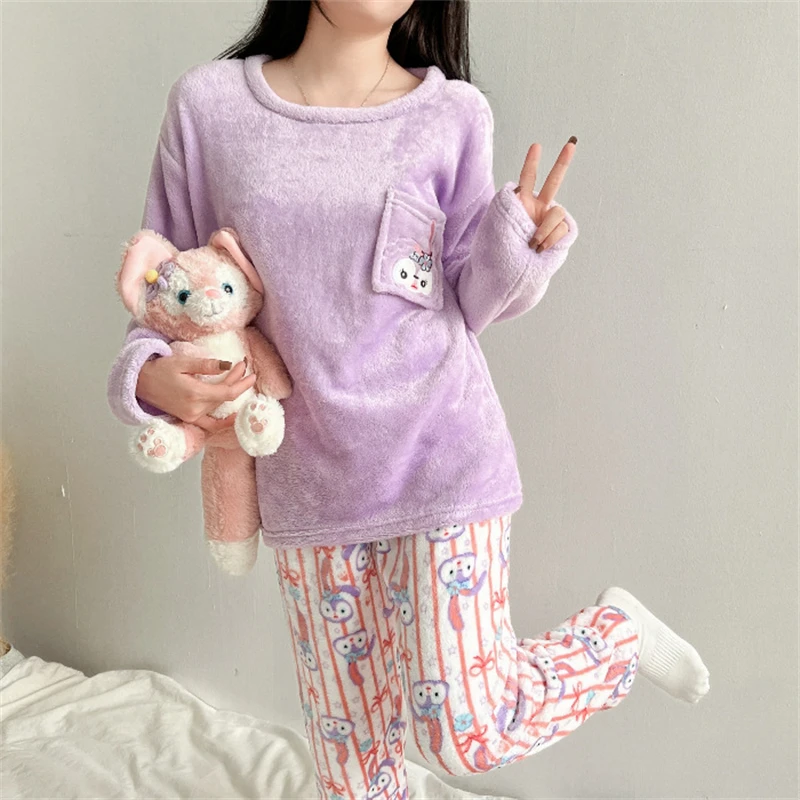 

Winter Women'S Pajamas Warm Flannel Loungewear Kawaii Sleep Clothes Set Woman 2 Pieces Home Wear Pants Pajamas Ladies Fall 2022