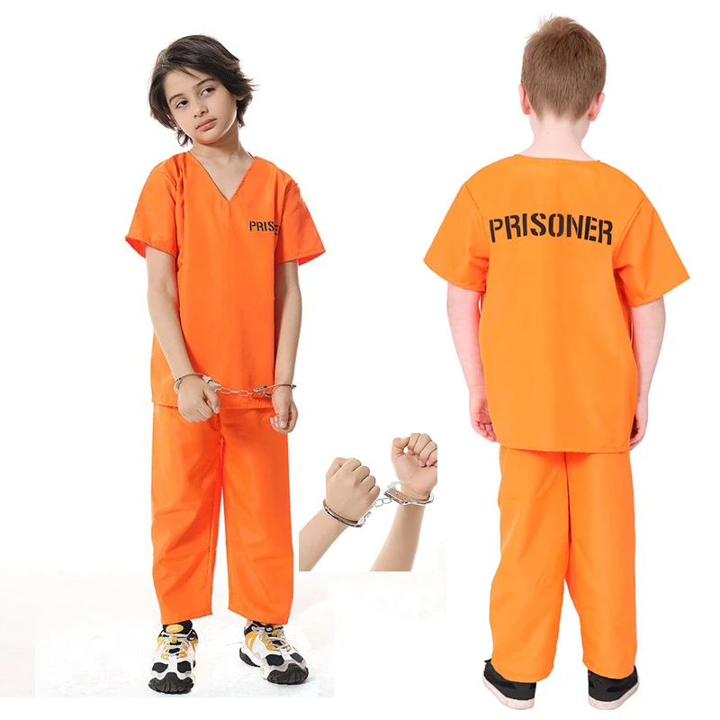 

Childs Orange Prisoner Costume Convict Uniform Kid's Jail Suit with Handcuffs Halloween Stage Theme Party Set for Boys or Girls