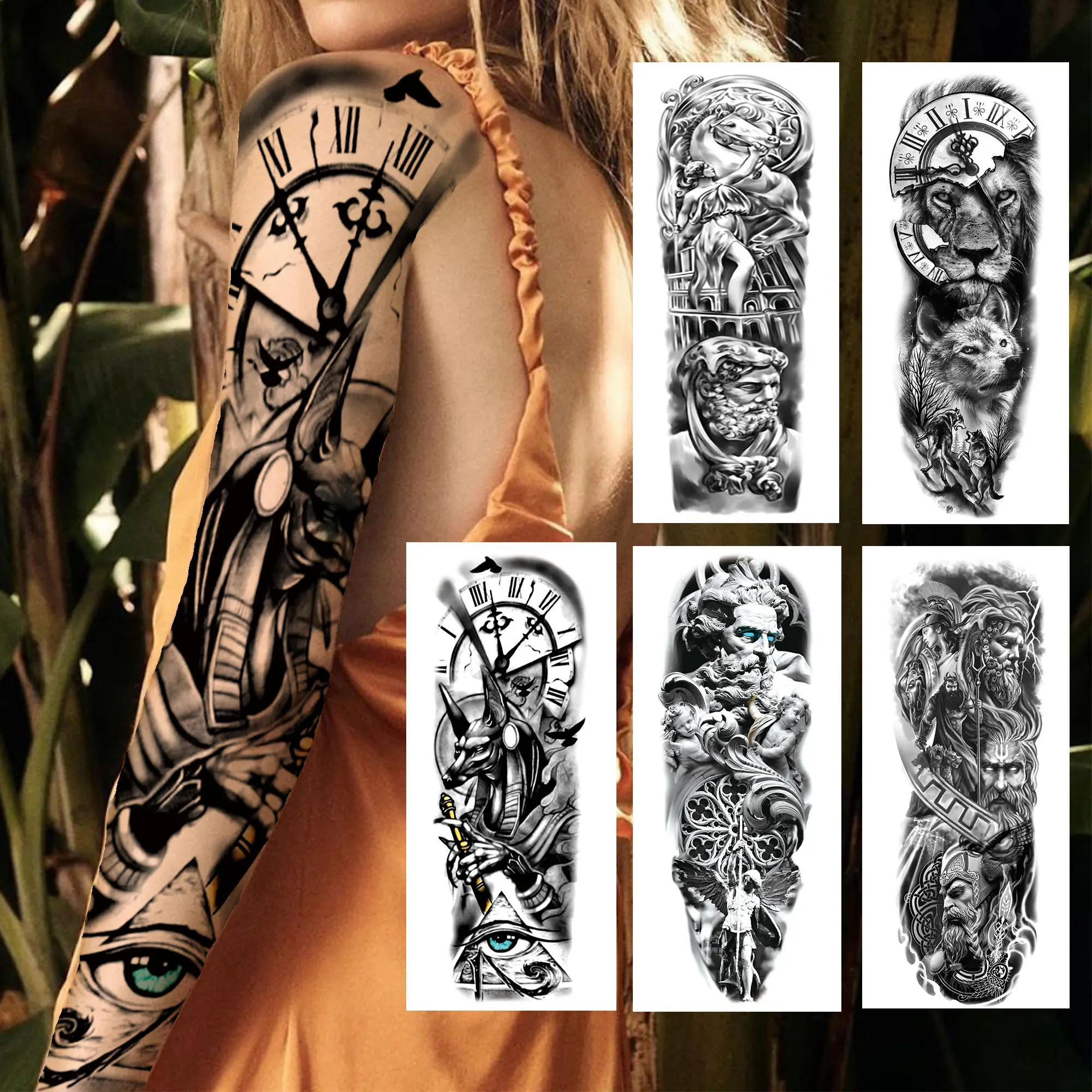 

Compass Wolf Evil Eye Temporary Tattoos Sleeve For Women Men Roman God Lion Warrior Fake Tattoo Sticker Sexy Full Arm Tatoos Big