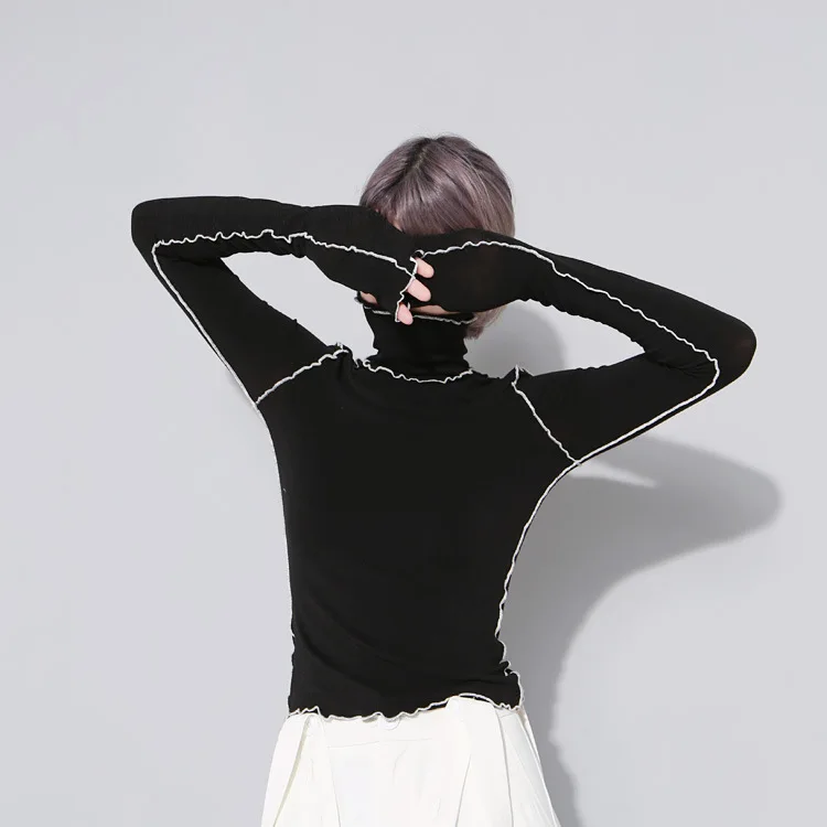 

2023 Homemade personality clash color lace high neck super long sleeve slim short style leggings T-shirt 2 color 329