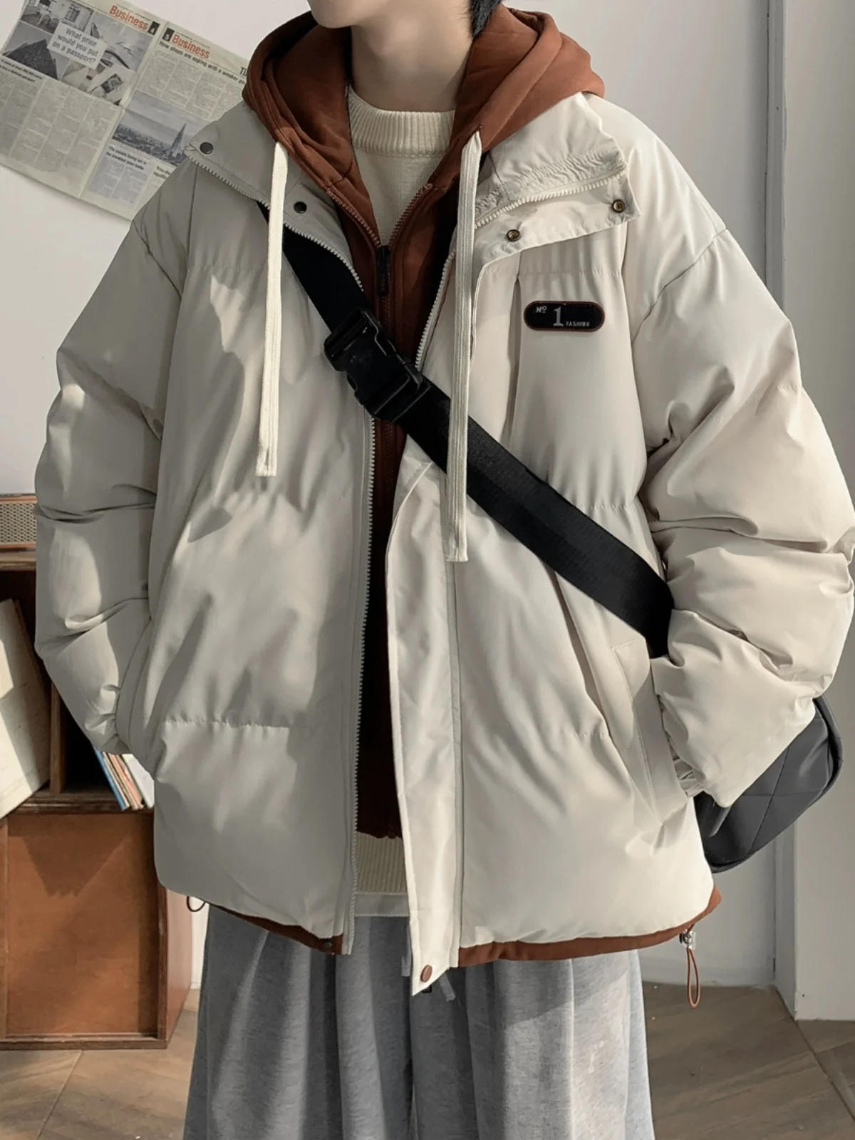 Winter New Fake Two Pieces Cotton-padded jacket Men's Loose All-Match Thick Warm Cotton-Padded Coat Outerwear American Hood C...