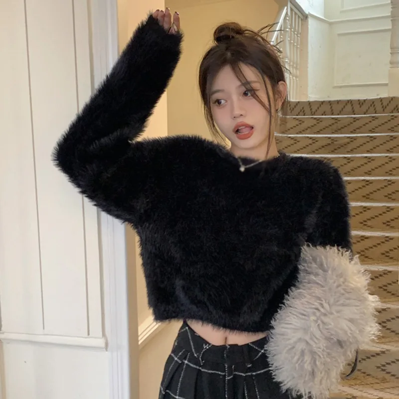 Осенний женский свитер раскрывающий пупок пух вязаный Повседневный с длинными