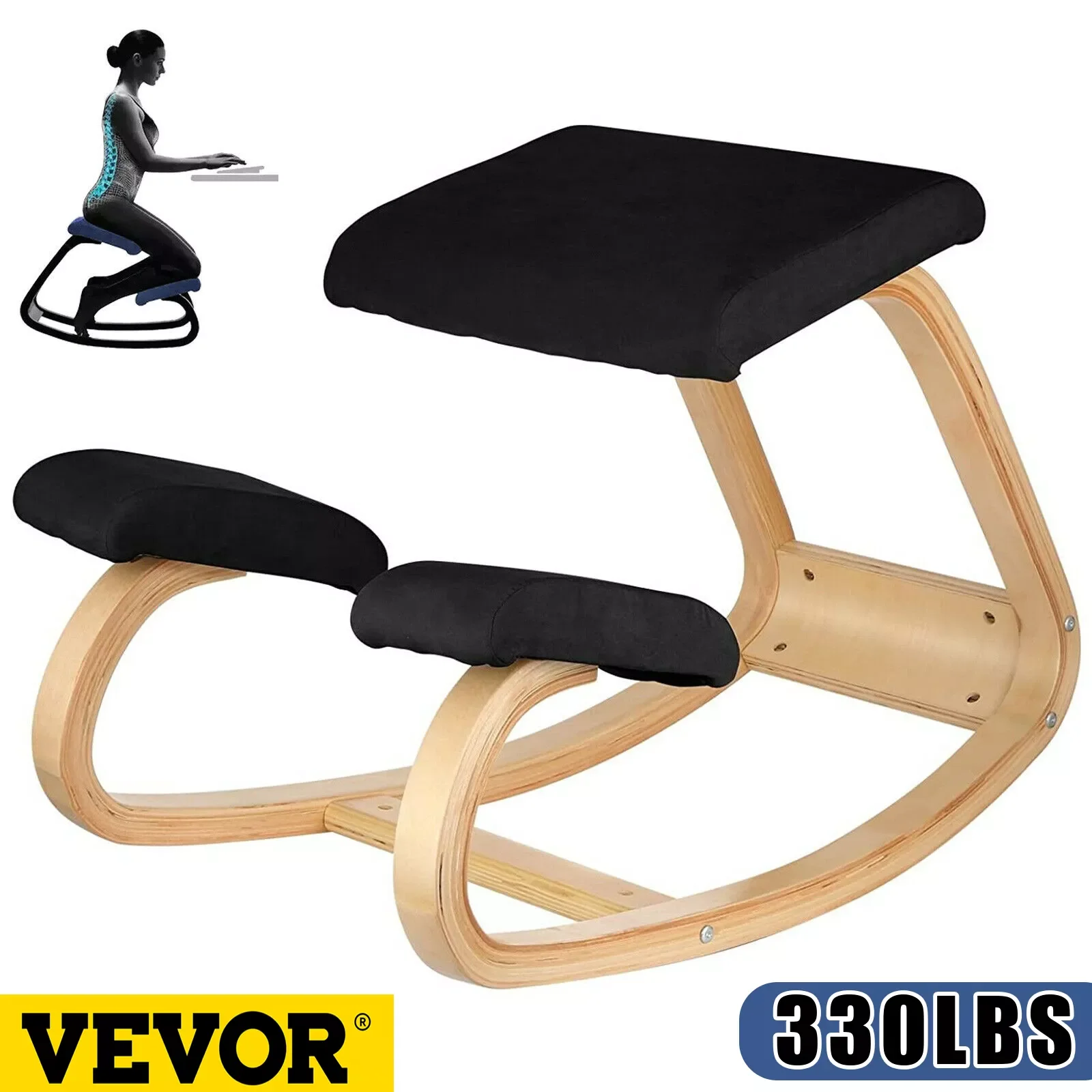 

VEVOR Ergonomic Kneeling Chair W/ Thick Cushion Rocking Wood Kneel Stool Improve Posture Relieve Knee Home Office Computer Chair