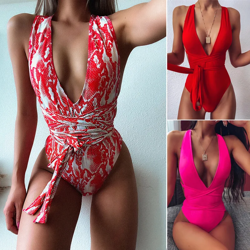 

Sexy Tie Criss Cross Plunge One Piece Thong Swimsuit High Cut Brazilian Bathing Suit,Deep V Backless Bikini Swimsuit Monokini