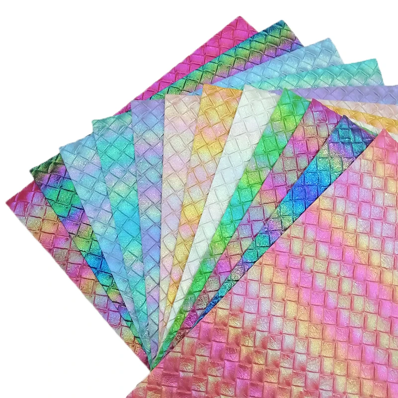 

XHT Rainbow Iridescent Embossed PU Colorful Faux Synthetic Leather Fabric Sheet for Shoe/Bag/Hair Bow/Decorative