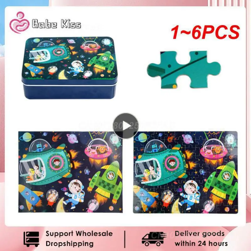 

1~6PCS Kindergarten Children's Day gift 100 pieces of iron box wooden puzzle puzzle early education building block toys