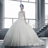 vensanac vintage appliques high neck ball gown wedding dress illusion backless sweep train lace bridal gown