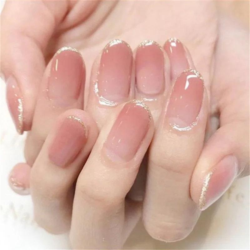 

24pcs/box Pink Gradient Nail Patch Shiny Phnom Penh Nail Wearable Full Cover Fake Nail Nail Set Wedding Manicure Nail Art