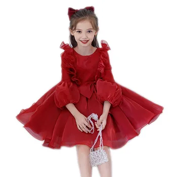 New Christmas Red Long Sleeve Girls Birthday Fancy Gown Kids Outfits Elegant Princess Dress Wedding Party Children Clothing