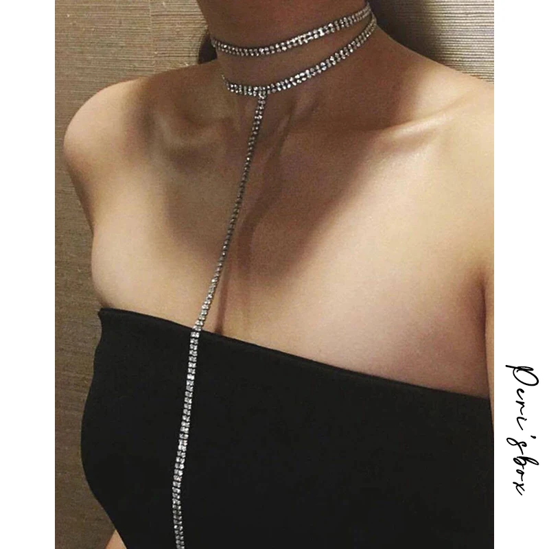 

LWONG Sexy Long Rhinestone Choker Necklace Jewelry Double-Strand Layered Choker Rhinestones Crystal Chokers Long Necklace Women