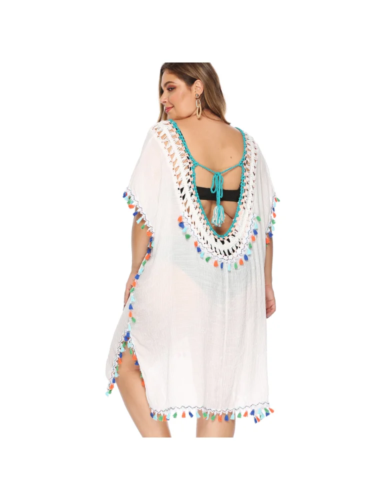 Women's Irregular Hand Hook Spliced Colorful Tassels Deep V Sexy Loose plus size Beach Cover Up Open Back Skirt